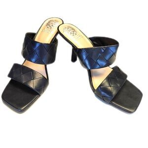 Vince Camuto Black Woven Leather 2 Strap Heeled Sandals, Square Toe, 9.5